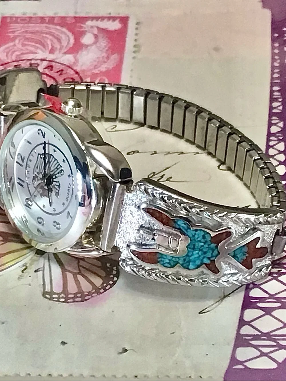 Woman’s Silver Navajo Thunderbird Turquoise/Coral Band Indian Liberty Coin Watch